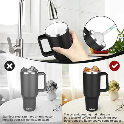 40 oz Insulated Coffee Mug with Ceramic Coating, Stainless Steel Travel Coffee Tumbler with Handle Lid and Straw, Double Wall Leak-Proof Coffee Travel Mug Keeps Drink Hot and Cold (Black)