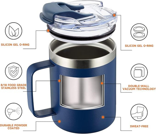 ALOUFEA 12oz Stainless Steel Insulated Coffee Mug with Handle, Double Wall Vacuum Tumbler Cup with Fliping Lid, Navy, 2 Pack