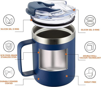 ALOUFEA 12oz Stainless Steel Insulated Coffee Mug with Handle, Double Wall Vacuum Tumbler Cup with Fliping Lid, Navy, 4 Pack