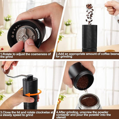 Manual Coffee Grinder Detachable Stainless Steel Conical Burr Aluminum Coffee Bean Grinder with 25 Grinding Settings Cleaning Brush Grindable Espresso Moka Pot French Press for Camping Black