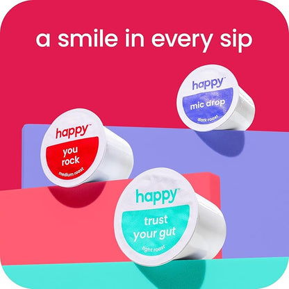 happy coffee medium roast coffee pods, 60 count, notes of chocolate & confidence, compatible with most K-cup brewers, rainforest alliance certified