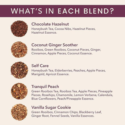 Herbal Tea Sampler – 5 Caffeine-Free Loose Leaf Blends for Sleep and Relaxation, Fruity and Dessert-Inspired Flavors, 75 to 100 Cups – Handcrafted in USA – Plum Deluxe