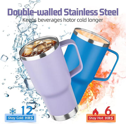 20 oz Tumbler with Handle Stainless Steel Insulated Coffee Mug Tumbler with Lid and Straw Double Wall Vacuum Insulated Coffee Mug Leak Proof Travel Tumbler for Hot and Cold Drink (Pale Purple,4pack)