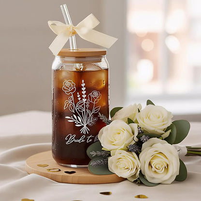 Bride To Be Glass Cup with Lid & Straw-Cute Aesthetic 16oz Iced Coffee Cup Smoothie Tumbler Gift for Engagement Bachelorette Bridal Shower Wedding