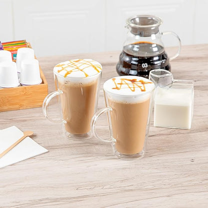 Restaurantware-Forma Professional 13.5 oz Double Wall Glass Mugs, 2 Insulated Coffee Mugs With Handle - Dishwashable, Reusable, Clear Glass Beverage Cups, Freezable, For Hot Or Cold Beverages