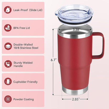 HASLE OUTFITTERS 20oz Tumbler with Lid, Stainless Steel Tumbler with Handle, Metal Insulated Travel Coffee Mug with Handle, Double Wall Vacuum Spill Proof Tumbler Cup, Red 1 Pack