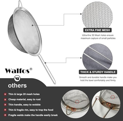 Walfos 9.5 Inch Large Fine Mesh Strainer, Stainless Steel 30 Mesh Sieve with Sturdy Handle, Kitchen Food Strainers Sifters for Rice, Quinoa, Pasta, Fruits, Vegetables, etc.