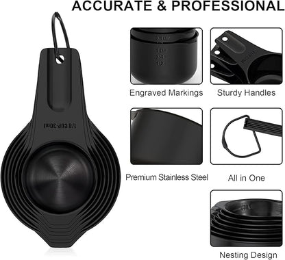 21 Pcs Stainless Steel Measuring Cups and Spoons Set, Wildone Stackable Metal Measuring Cups and Spoons for Cooking & Baking, Includes 7 Cups, 9 Spoons and 5 Mini Spoons（Black）