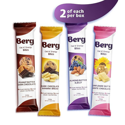 Berg Energy Bites Variety Pack – Plant-Based Protein Snack with 16g Protein & 1g Sugar – Vegan, Gluten-Free, Low Sugar, High Fiber, Non-GMO, Prebiotic Superfood Bites – 1.5oz (8 Pack)