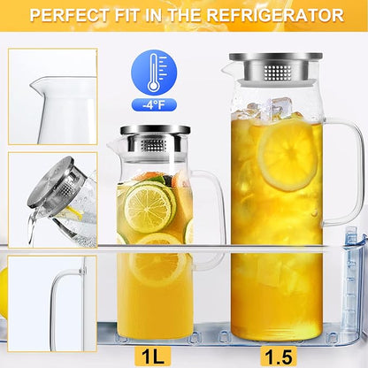 Glass Pitcher, 34 oz / 1 Liter Glass Pitcher with Lid, Glass Water Pitcher, Glass Carafe with Lid