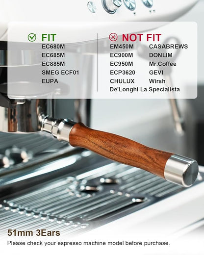 51mm Bottomless Portafilter 3 Ears Compatible with Delonghi Dedica EC680/EC685/EC885 and SMEG, EUPA Espresso Machines, Espresso Naked Bottomless Portafilter with Puck Screen and 18g Filter Basket-Wood