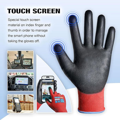 KAYGO Safety Work Gloves PU Coated for Men and Women- KG11P,12 Pairs,Seamless Knit Glove with Two Fingers Touchscreen,Ideal for General Duty Work (Red,M)