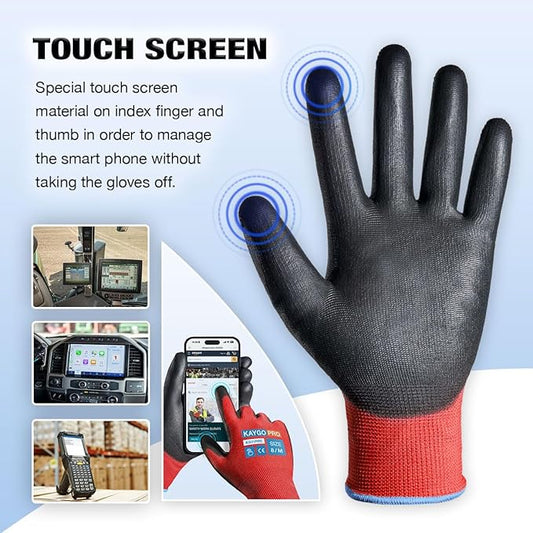 KAYGO Safety Work Gloves PU Coated for Men and Women- KG11P,12 Pairs,Seamless Knit Glove with Two Fingers Touchscreen,Ideal for General Duty Work (Red,L)