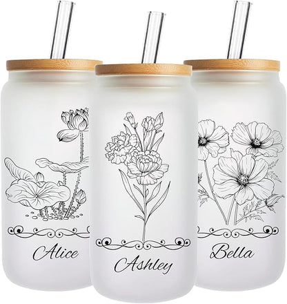 Mason Life Personalized Glass Cup with Name-Can Shaped Glass with Lids and Straws-18OZ Iced Coffee Cups (Birthflower)