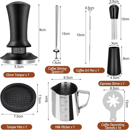 53mm Coffee Espresso Tamper Set, 22PCS Espresso Machine Accessories with Espresso Tamper, WDT Tool, Coffee Stirrer, Frothing Pitcher, Latte Art Pen, Tamper Mat, Coffee Stencils for Espresso Machine