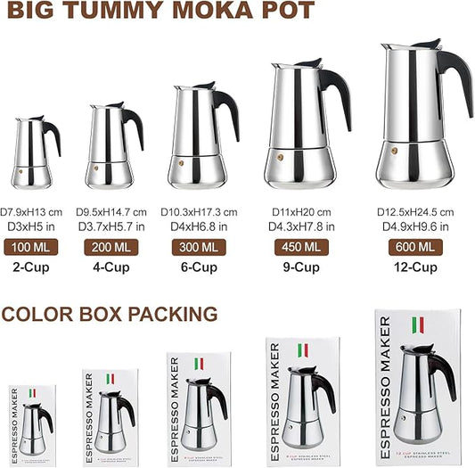 6 Cup Stovetop Espresso Maker Stainless Steel Moka Pot Stove Top Percolator Italian Coffee Makers Capable Mocha Greca Machine Cafe Classic Induction Cookers for Home and Camping 300ml 10oz