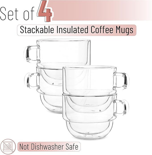 BTaT- Stackable Insulated Coffee Mugs, 4 Pack 12 oz(350 ml), Ideal for Hot and Cold Drinks, Stackable Cappuccino Cups, Double Wall Glass Coffee Cups, Tea Cups, Latte Cups, Latte Mug