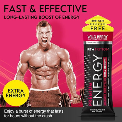 NewTrition® Extra Strength Energy Shots, 250mg Caffeine Energy Shots with Vitamin B & Amino Acids, Sugar-Free Vitamin Energy Shot, 1.7 fl oz (Pack of 24, Wild Berry)