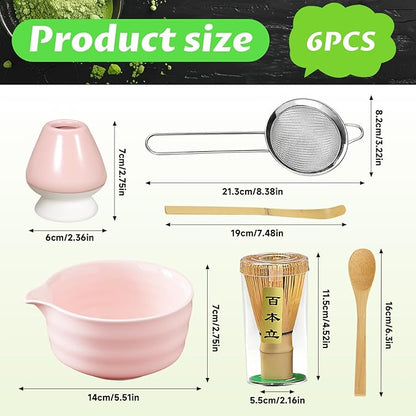 Matcha Set, 6 Pcs Matcha Whisk Set with 20 oz Bowl, Bamboo Whisk for Matcha Tea, Matcha Bowl, Ceramic Matcha whisk Holder, Stainless Sifter and Scoop - Gift for matcha kit Lovers（Pink）