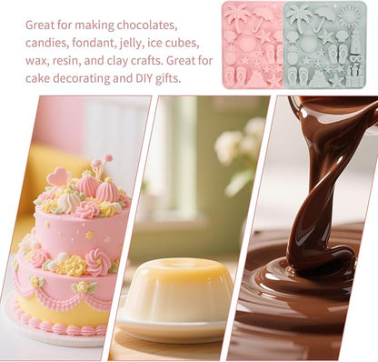 2 Pcs Summer Beach Chocolate and Fondant Silicone Molds, DIY Candy Sandcastles for Parties (Pink and Blue)