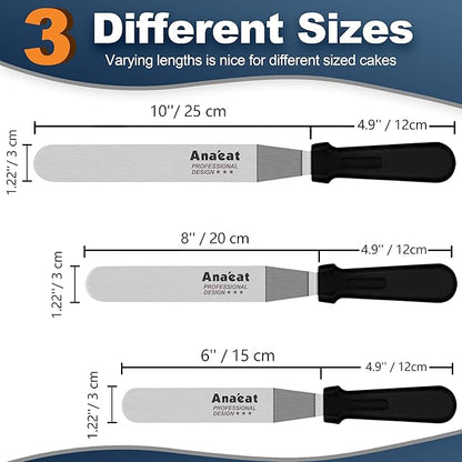 Anaeat Icing Spatulas, Set of 3 Professional Cake Angled Offset Spatula with 6", 8", 10" Stainless Steel Blades - Thickened Frosting Knife with Plastic Handle for Cake Decorating, Pastry & Baking
