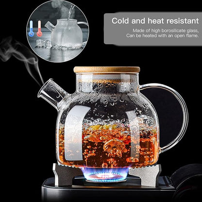 Glass Teapot 50.7oz/1500ml, Stovetop & Microwave Safe Borosilicate Tea Pot,Clear Teapot with Strainer, Glass Tea Kettle with Wooden Lid for Loose Leaf、Fruit Tea and Fragrant Tea