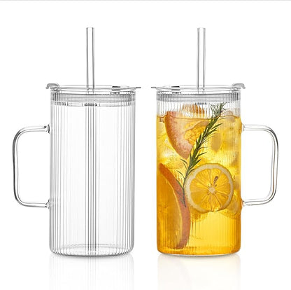 26oz Large Ribbed Glass Tumbler with Handle and Lid - Set of 2, Clear Glass Cups with Reusable Straws, Vertical Striped Design - Perfect for Iced Coffee, Tea, Smoothies, and Cocktails