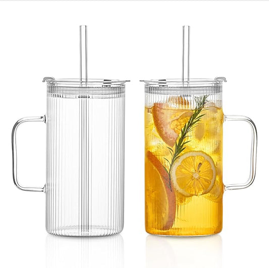 26oz Large Ribbed Glass Tumbler with Handle and Lid - Set of 2, Clear Glass Cups with Reusable Straws, Vertical Striped Design - Perfect for Iced Coffee, Tea, Smoothies, and Cocktails