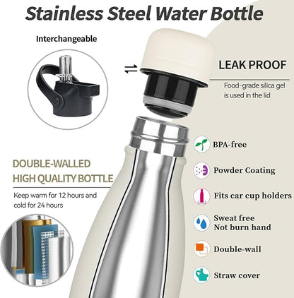 Insulated Water Bottle, 2 Pack-17oz Stainless Steel Water Bottles with straw lid, Metal Sports Water Bottles for Boys,Girls, Double Wall Vacuum BPA-Free Flask for School, Sports(Grey-white)