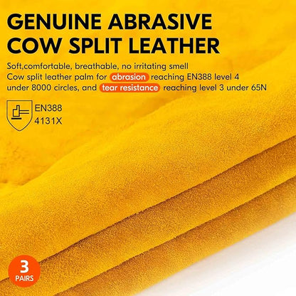 Vgo... 3-Pairs Unlined Cowhide Split Leather Work and Driver Gloves, for Heavy Duty, Truck Driving, Warehouse, Gardening, Farm (Size M, Gold, CB9501)