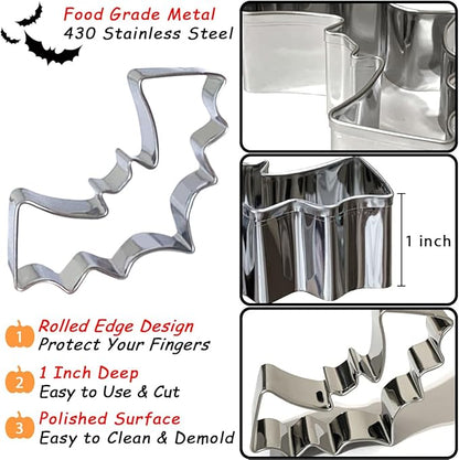 Halloween Cookie Cutters Large 7Pcs, Bat Pumpkin Magic Hat Cat Cookie Cutter, Sturdy Easy to Clean & Demold Pancake Dough Molds for Halloween Baking