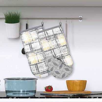 Thumb Oven Mitts, Heat and Slip Resistant Silicone Kitchen Mittens 2-Pack Set, Vintage Plaid Soft Long Oven Gloves, Flexible Thick Potholders for Safe Baking Cooking and Grilling (Vintage Grey)