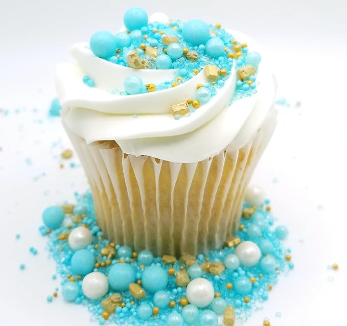 NCS Ocean Breeze Blue, White, and Gold Edible Candy Sprinkle Mix, 8 ounces - Great for Cupcakes, Cookies, Cakes, Cake Pops