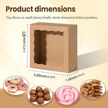 3.2x3.2x1.5 Inches 50PCS Mini Bakery Boxes with Window for Cookies, Soap, Chocolate Truffle, Donut, Macaron(Brown)