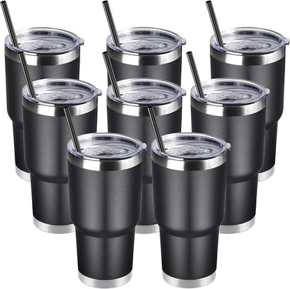 DOMICARE 30oz Tumbler Bulk with Lid and Straw, Double Wall Travel Coffee Mug, Insulated Vacuum Stainless Steel Tumblers, Powder Coated Tumbler Cup (Black, 8)