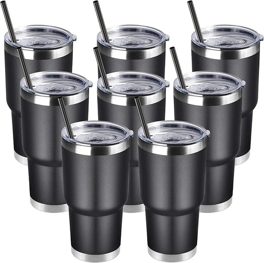 DOMICARE 30oz Tumbler Bulk with Lid and Straw, Double Wall Travel Coffee Mug, Insulated Vacuum Stainless Steel Tumblers, Powder Coated Tumbler Cup (Black, 8)