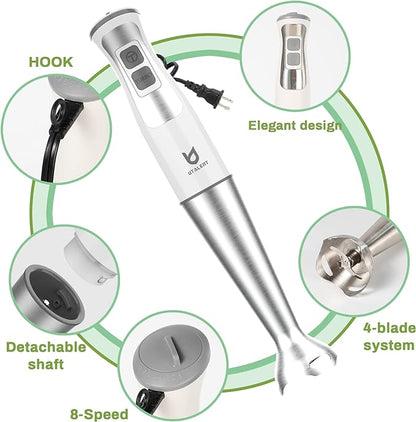 Immersion Hand Blender, UTALENT 3-in-1 8-Speed Stick Blender with Milk Frother, Egg Whisk for Smoothies, Coffee Milk Foam, Puree Baby Food, Sauces and Soups - White