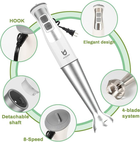 Immersion Hand Blender, UTALENT 5-in-1 8-Speed Immersion Blender with 500ml Food Grinder, 600ml Container,Milk Frother,Egg Whisk,Puree Infant Food, Smoothies, Sauces and Soups - White