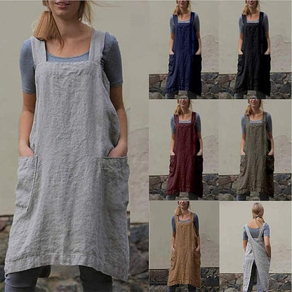 YESDOOD Cotton Linen Apron Cross Back Apron for Womens with Pockets Pinafore Dress for Baking Cooking