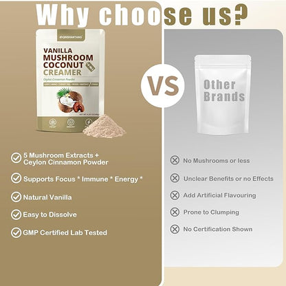 Mushroom Coffee Creamer, Vanilla Coconut Creamer, 5 Mushrooms and Ceylon Cinnamon Powder | Lion's Mane, Turkey Tail, Reishi, Maitake, Chaga, Cordyceps | Upgraded Formulation, Easy to Enjoy | 6.35 Oz