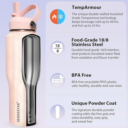 SENDESTAR 32oz Stainless Steel Water Bottle(Cold for 48 Hrs, Hot for 24 Hrs),Double Wall Vacuum Insulated Bottle with Straw Lid, Spout Lid and Flex Cap, Fit in Any Car Cup Holder TXIN-32-Laser Grey