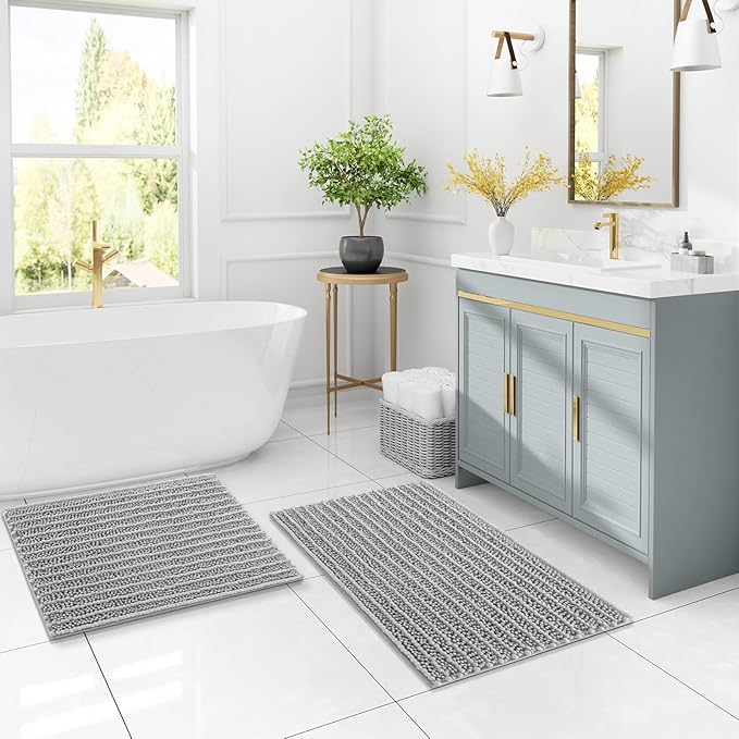 Arotive Luxury Chenille Bathroom Rug Mat, Extra Soft Thick Absorbent Shaggy Bath Rugs, Non-Slip Machine Wash Dry, Plush Bath Mats for Bathroom, Shower and Tub, 47x32, Light Grey