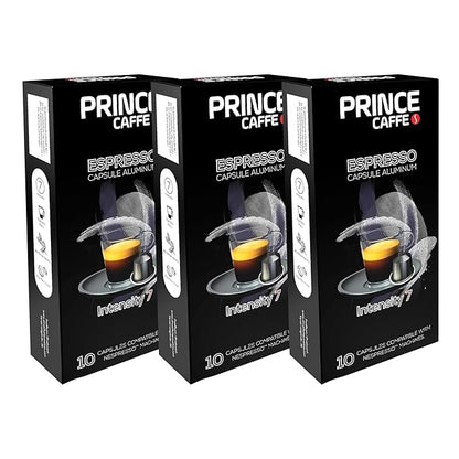 Prince Caffe Espresso Pods – Intensity 7, Medium-Dark Roast, The Espresso Coffee Pods Are Compatible with Nespresso Original Line Machines, 30 Count (3 x 10 Capsules) Premium Quality Coffee Capsules.