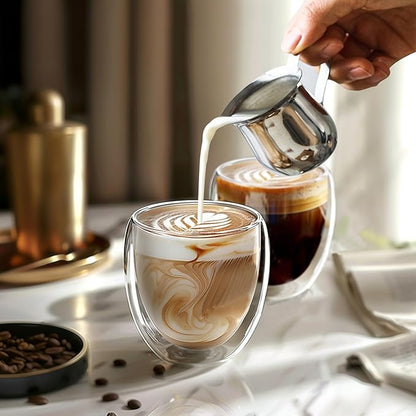 8 Ounces Set of 4 Double Walled Glass Coffee Mugs Insulated Layer Coffee Cups Borosilicate Glass Espresso Double Insulated Clear Glass Coffee Mug for Hot Beverages