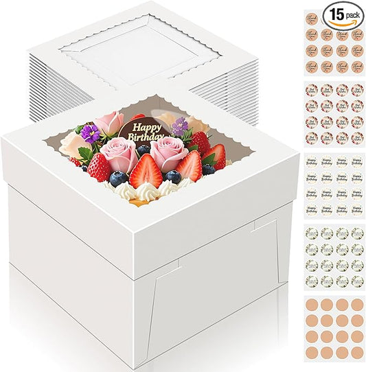 15 PCS Cake Boxes 12 Inch, 12x12x8 Tall Cake Box, 12 Inch Cake Box with Window, White Bakery Boxes, Large Baking Boxes, Cajas Para Pasteles, 12x12 Cake Boxes for Birthday, Wedding, Party, Business