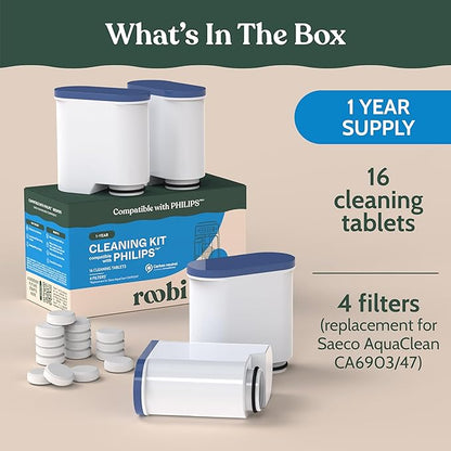 Roobi Cleaning Tablets & Filters Compatible with Philips. Includes 16 Espresso Cleaning Tablets & 4 Water Filters. Carbon Neutral Philips Cleaner Kit. 1 Year Supply.