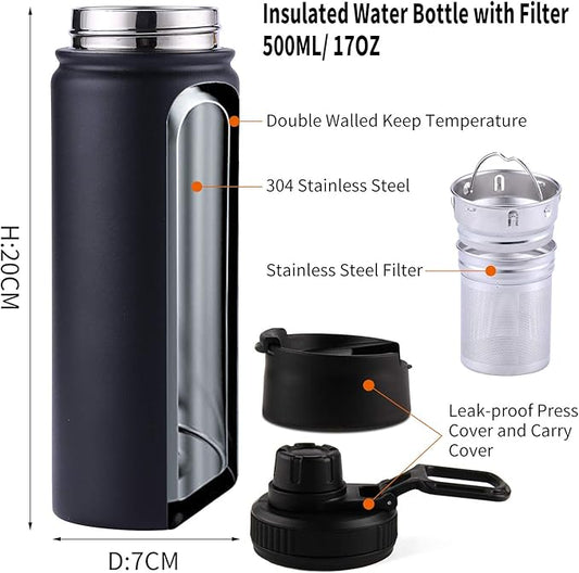 Tea Infuser Bottle With Removable Loose Leaf Tea Strainer Cup 18/8 Stainless Steel Insulated Travel Tea Tumbler Black
