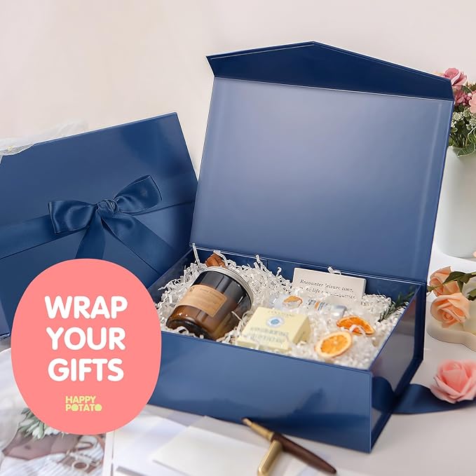 HAPPY POTATO Large Easter Gift Box withLid and Ribbon 11.5x8.1x3.8 Inches, Groomsman Proposal Box, Magnetic Blue Gift Box for Presents (Glossy Blue)