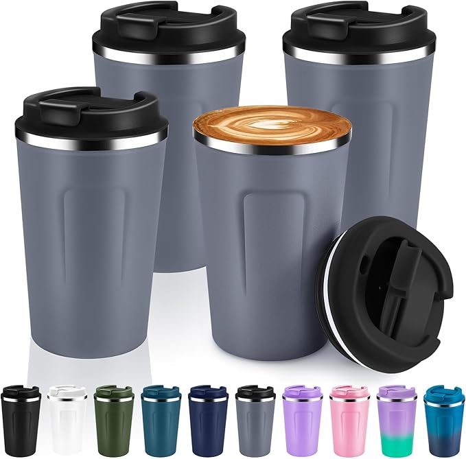 Volhoply 12 oz Double Wall Insulated Vacuum Travel Coffee Mug with Flip Lid Bulk 4 Pack,Reusable Stainless Steel Leak Proof Coffee Cups,Portable Cafe Thermal Tumbler for Hot & Cold Drinks(Gray,4 Set)