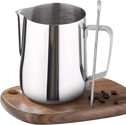 Milk Frother Pitcher 20 OZ，Espresso Milk Frothing Pitcher, Milk Steamer Cup Steaming Pitcher, Stainless Steel Coffee Froth Cup with Latte Art Pen for Coffee Cappuccino (Silver)